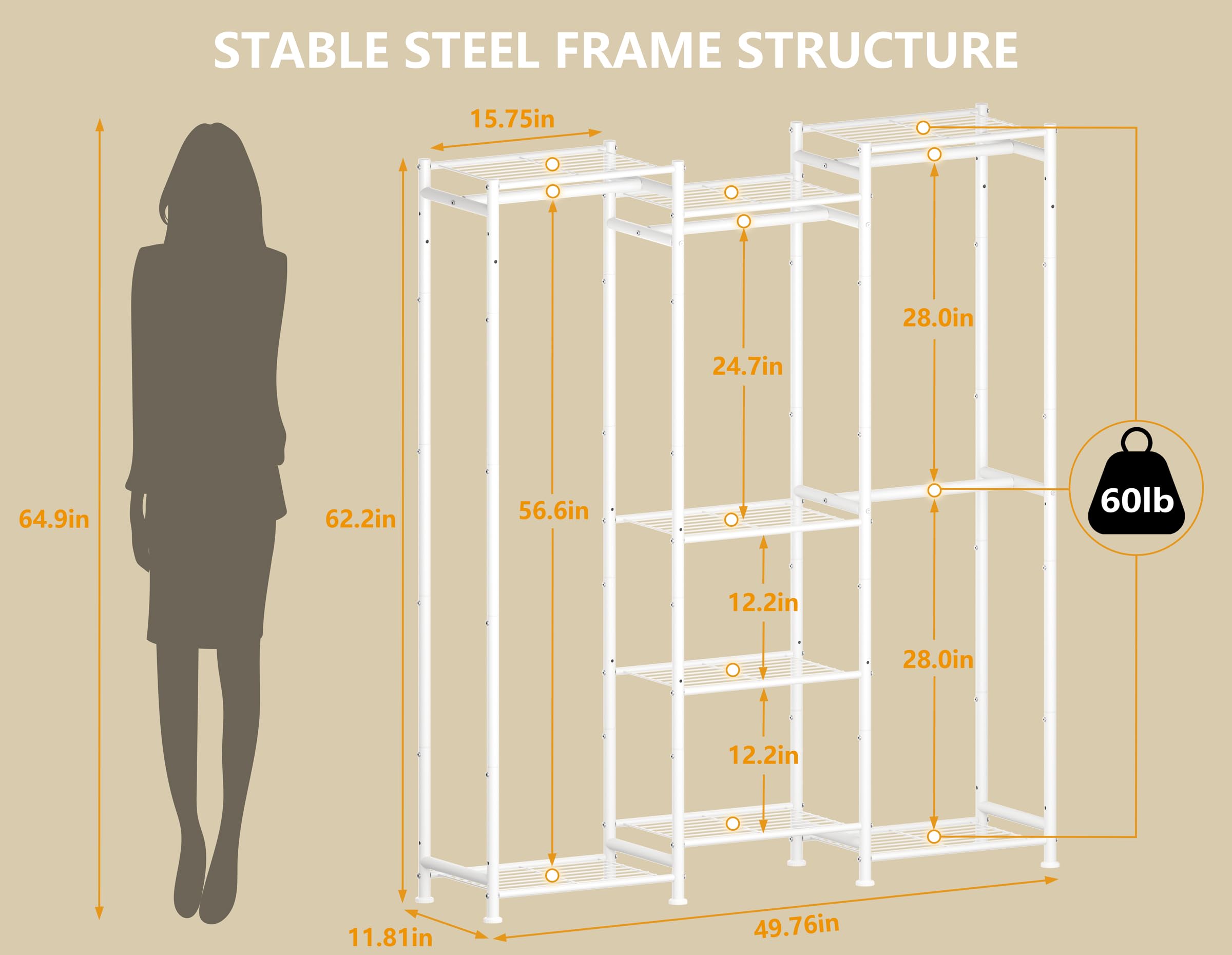 HOMIDEC Wardrobe's sturdy 16mm iron frame provides durable support