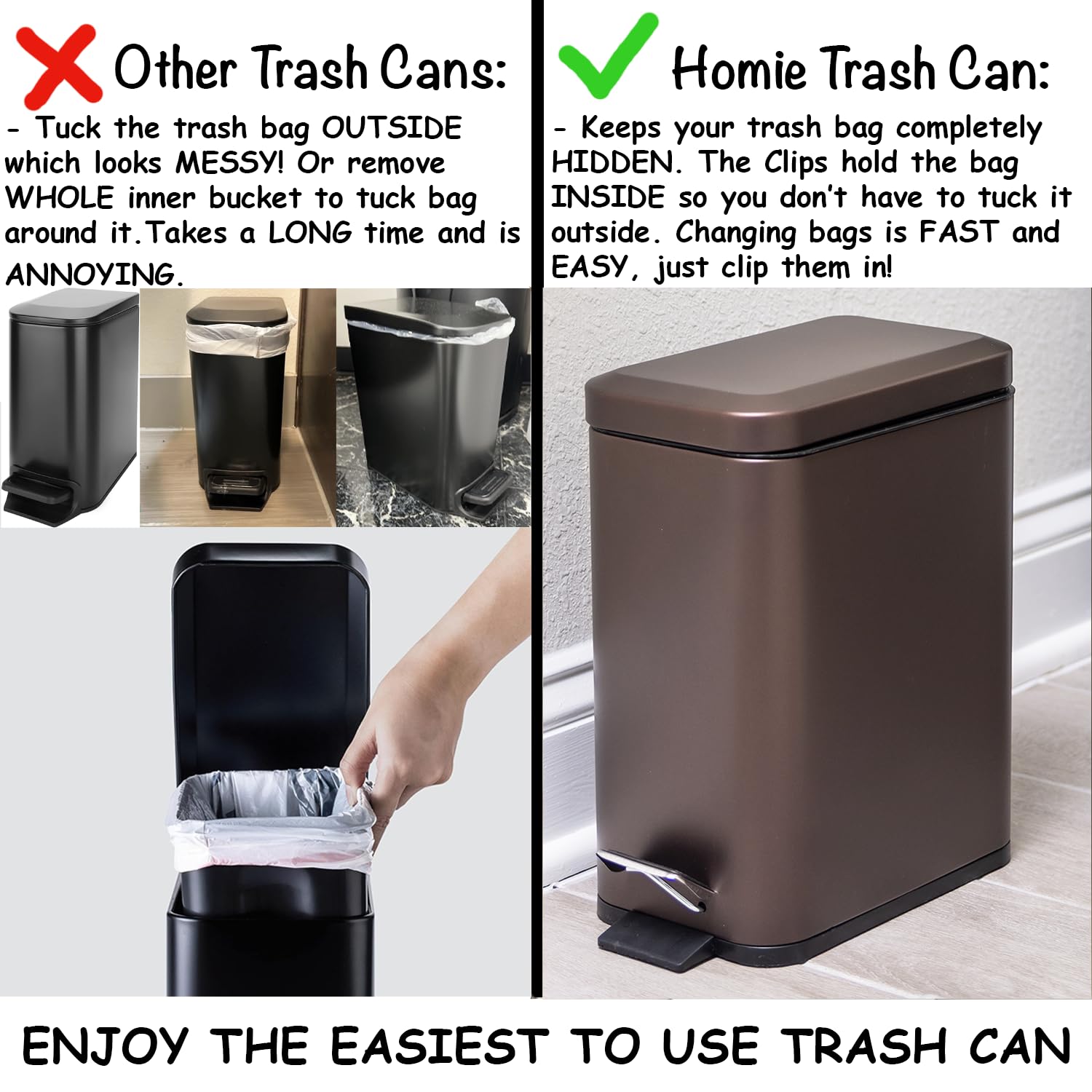 Compact bathroom trash can design fits tight spaces in bathrooms and kitchens.