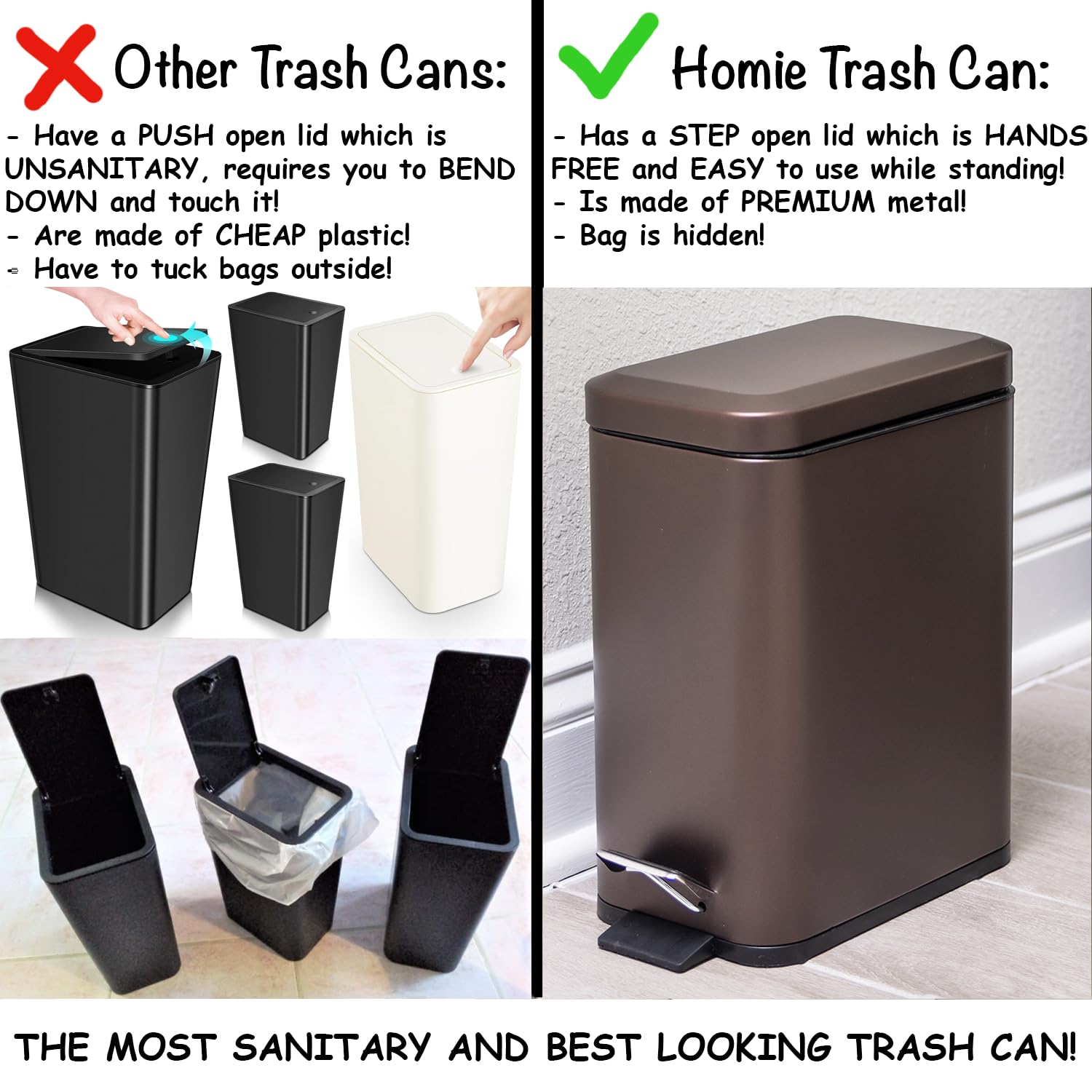 Slim dust bin by Homie ideal for bedrooms, desks, and small rooms in bronze.