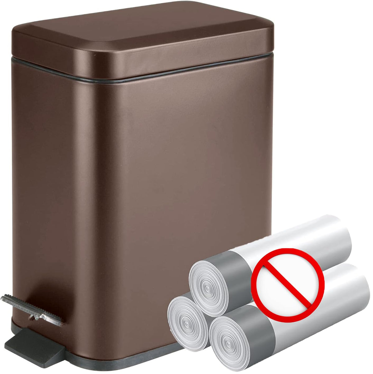 Homie soft close slim trash can with bronze lid, whisper-quiet operation for peaceful spaces.