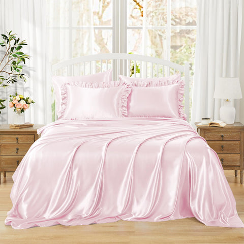 Close-up of Homiest queen 6pc set with ruffled pillowcases and stitching