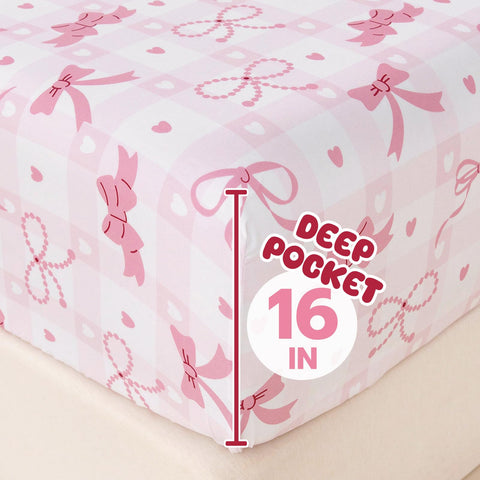 Homilay Queen Kids pink check fitted sheet with 16-inch pocket for snug fit.