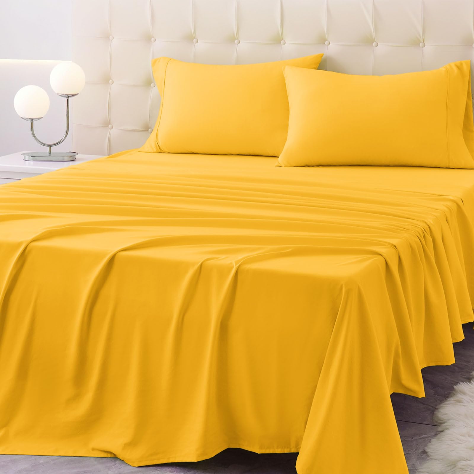 Homilay Queen Size flat sheet in Spectra Yellow shows ultra-soft microfiber for a breathable, comfortable sleep surface.