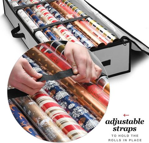 Homior Gift Wrap Organizer side pocket stores scissors and tape neatly.