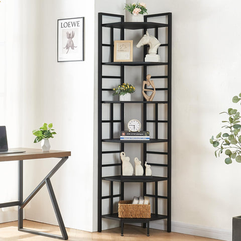 HOMISSUE 6-tier corner shelf fully assembled in black, ready to organize books and decor