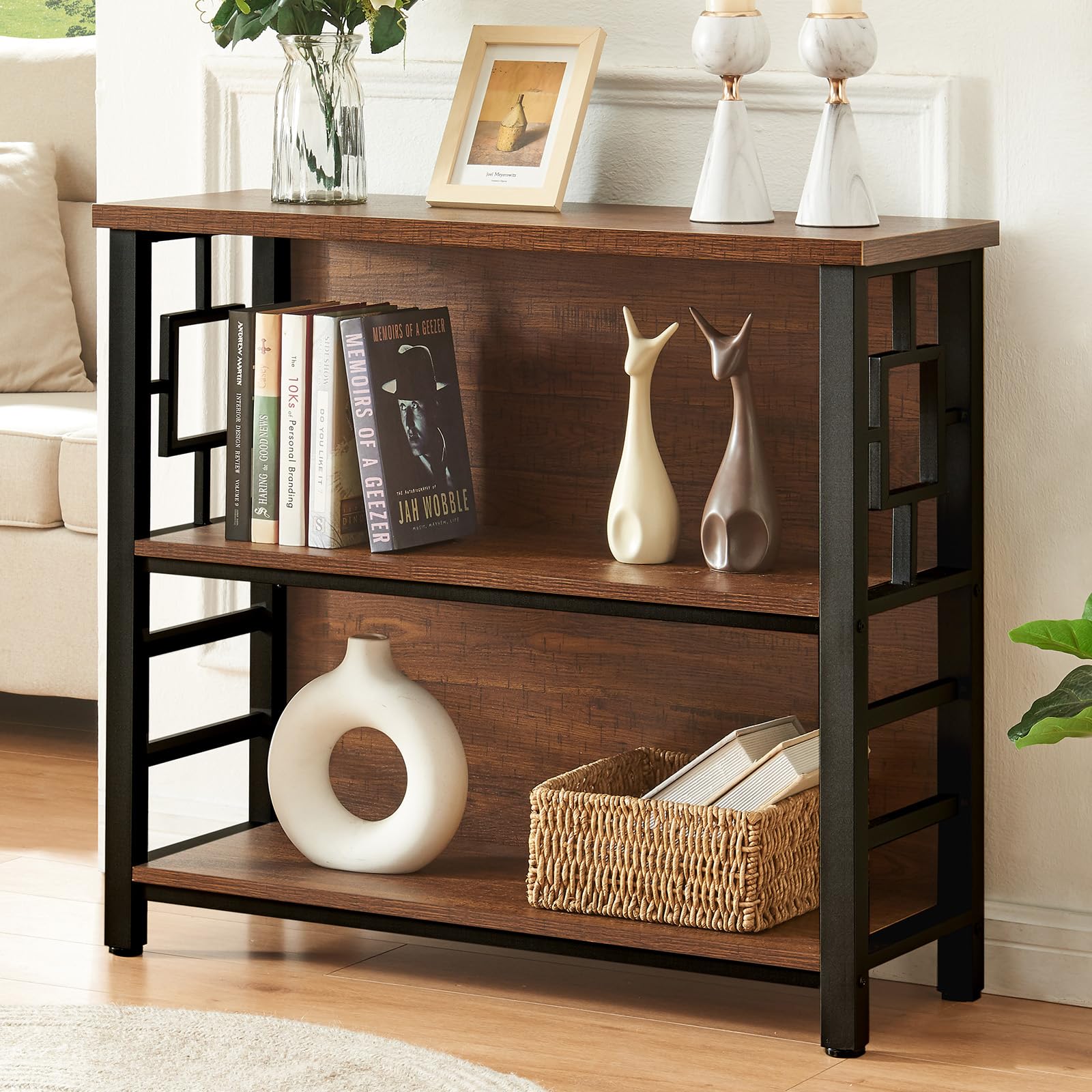 HOMISSUE 3-tier deep book shelf rustic brown with backboard and sturdy depth