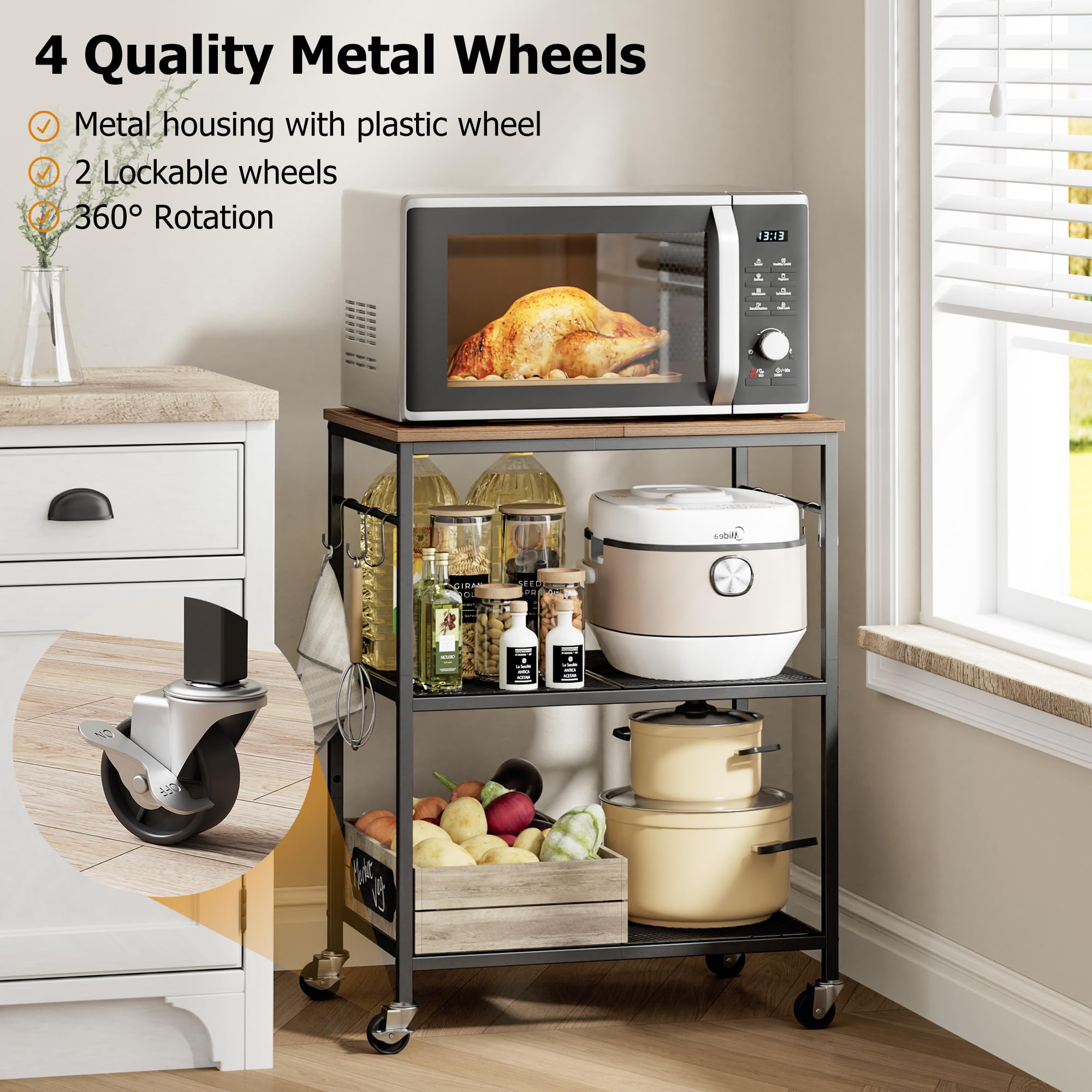 Homleke cart on wheels serving as a compact microwave stand.