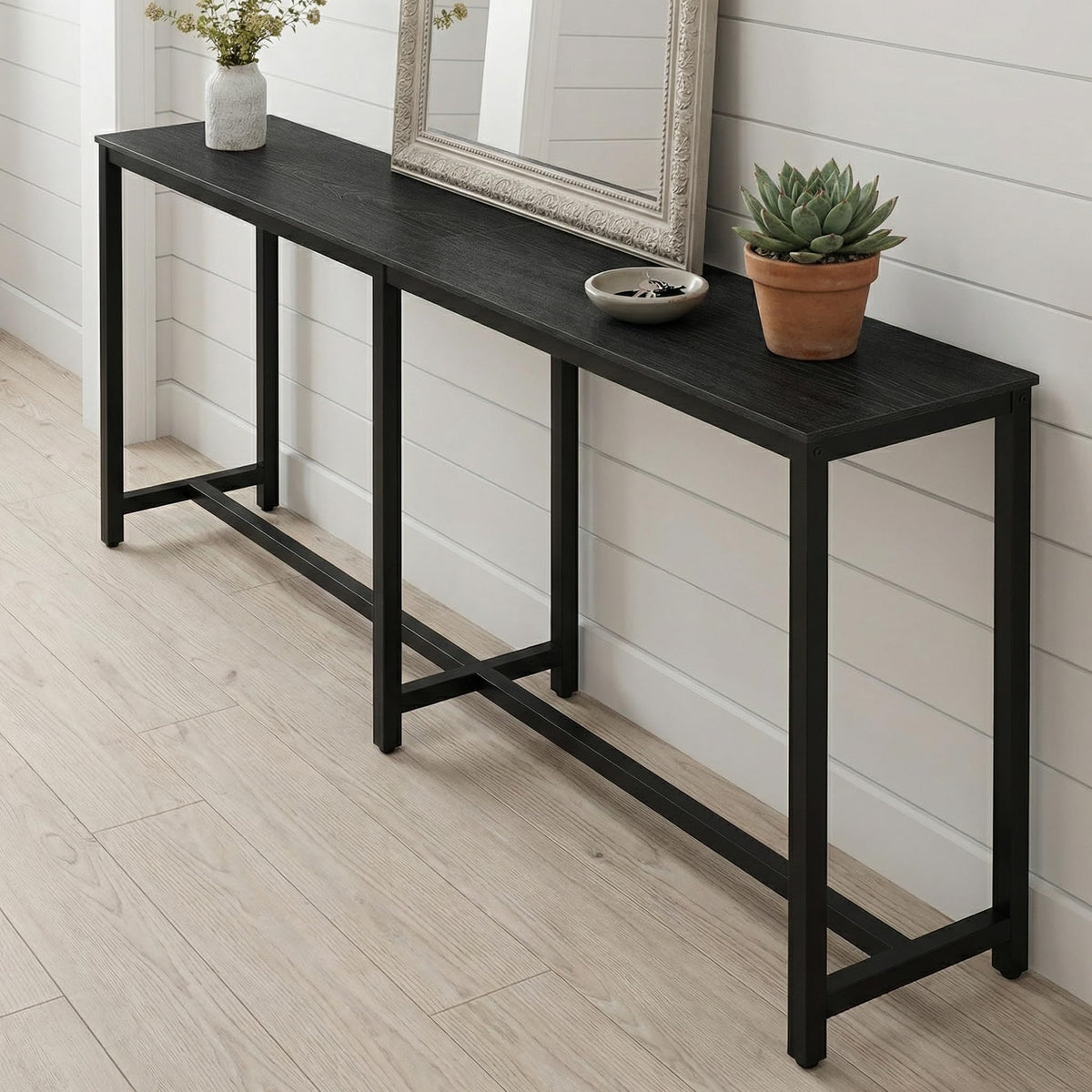 Homleke 71-inch narrow-long table top view showing space-saving width and extended length for seating