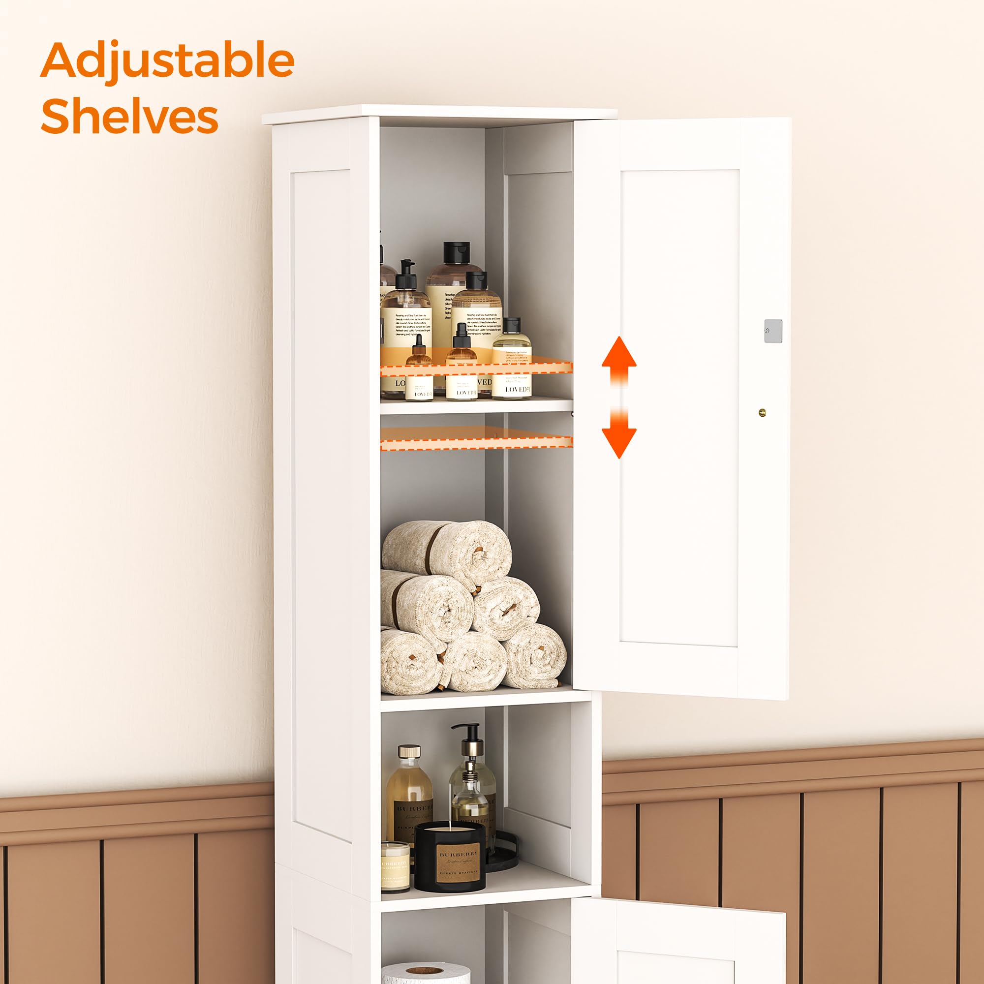 Homleke adjustable shelves for tall bottles and towels.