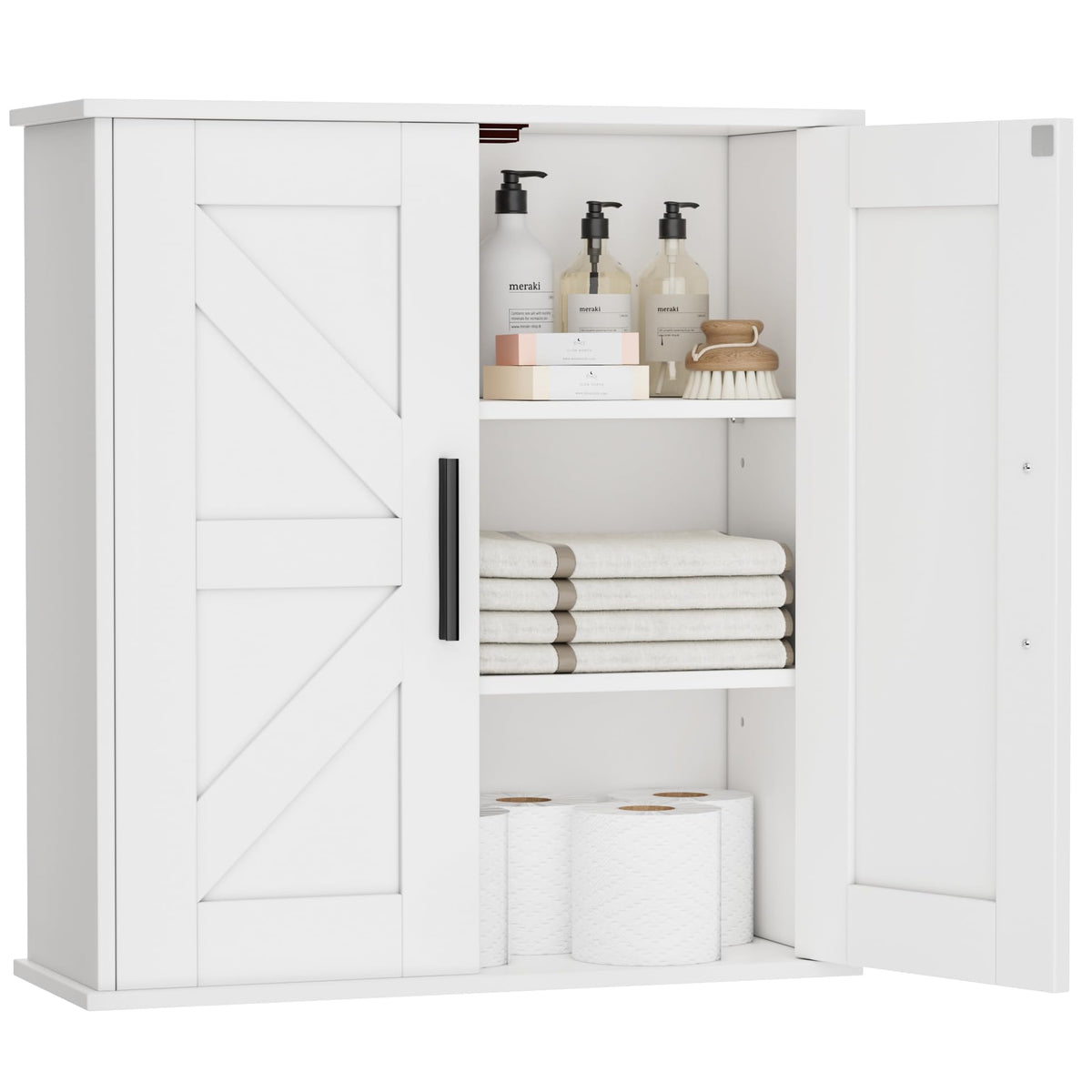 Homleke bathroom cabinet with barn doors closed showcasing hidden storage.