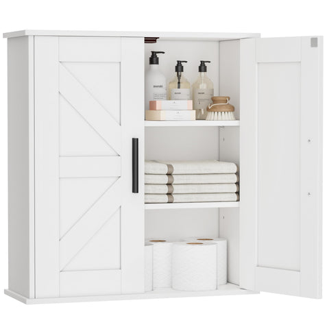 Homleke bathroom cabinet with barn doors closed showcasing hidden storage.
