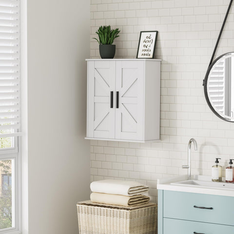 Homleke bathroom cabinet barn doors open revealing easy access to toiletries.