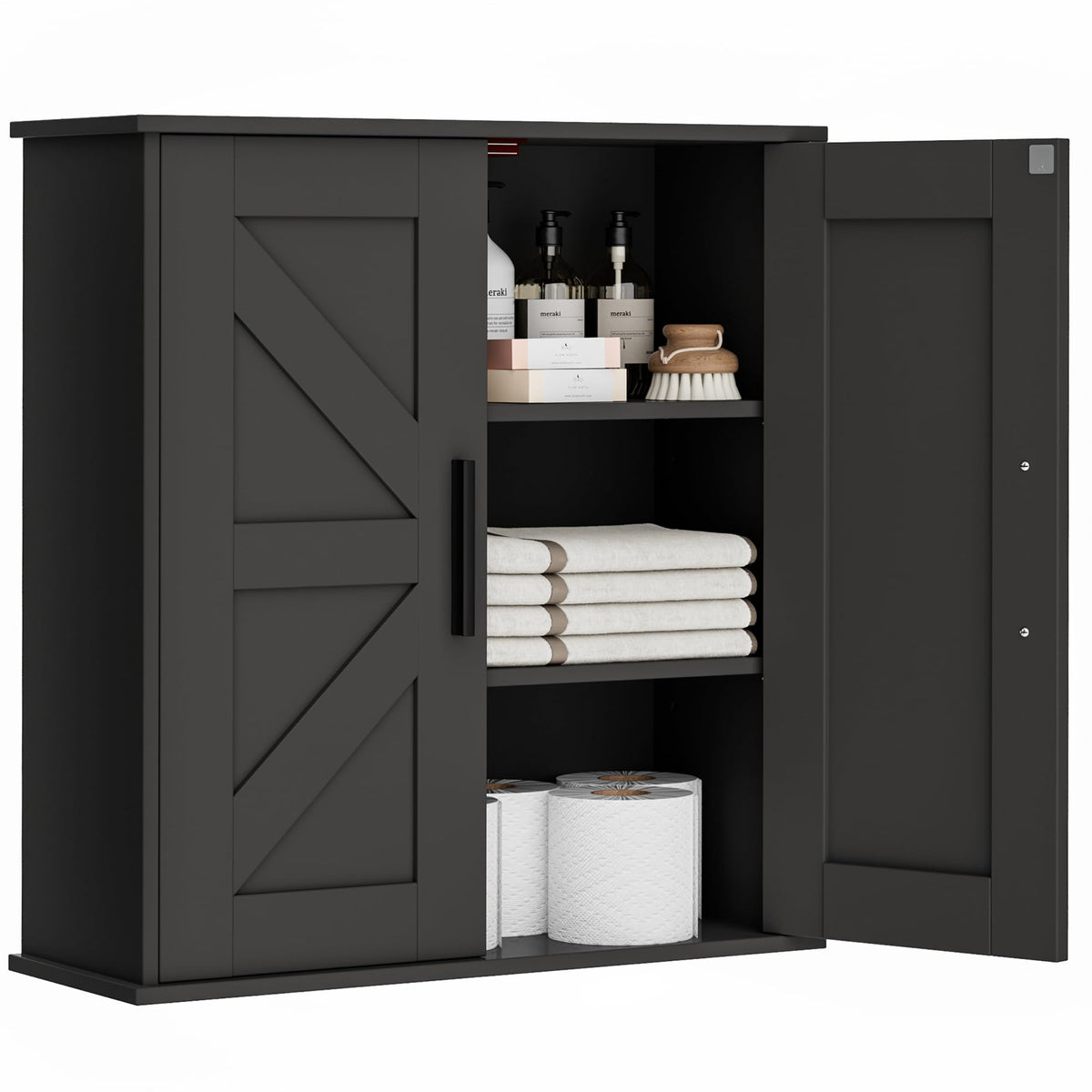 Homleke bathroom wall cabinet with barn doors for clutter-free storage.