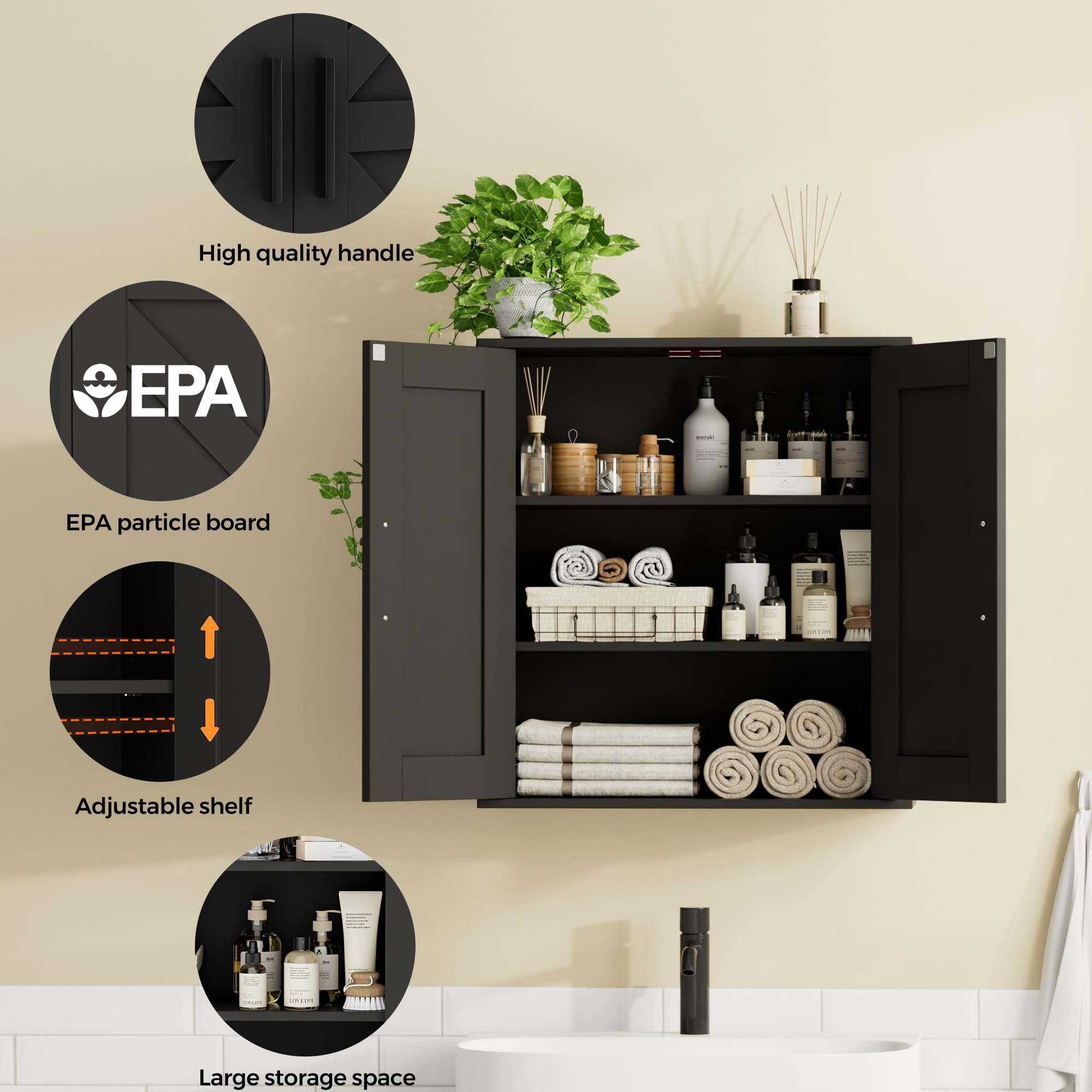 Homleke black finish wall cabinet adds modern rustic style.