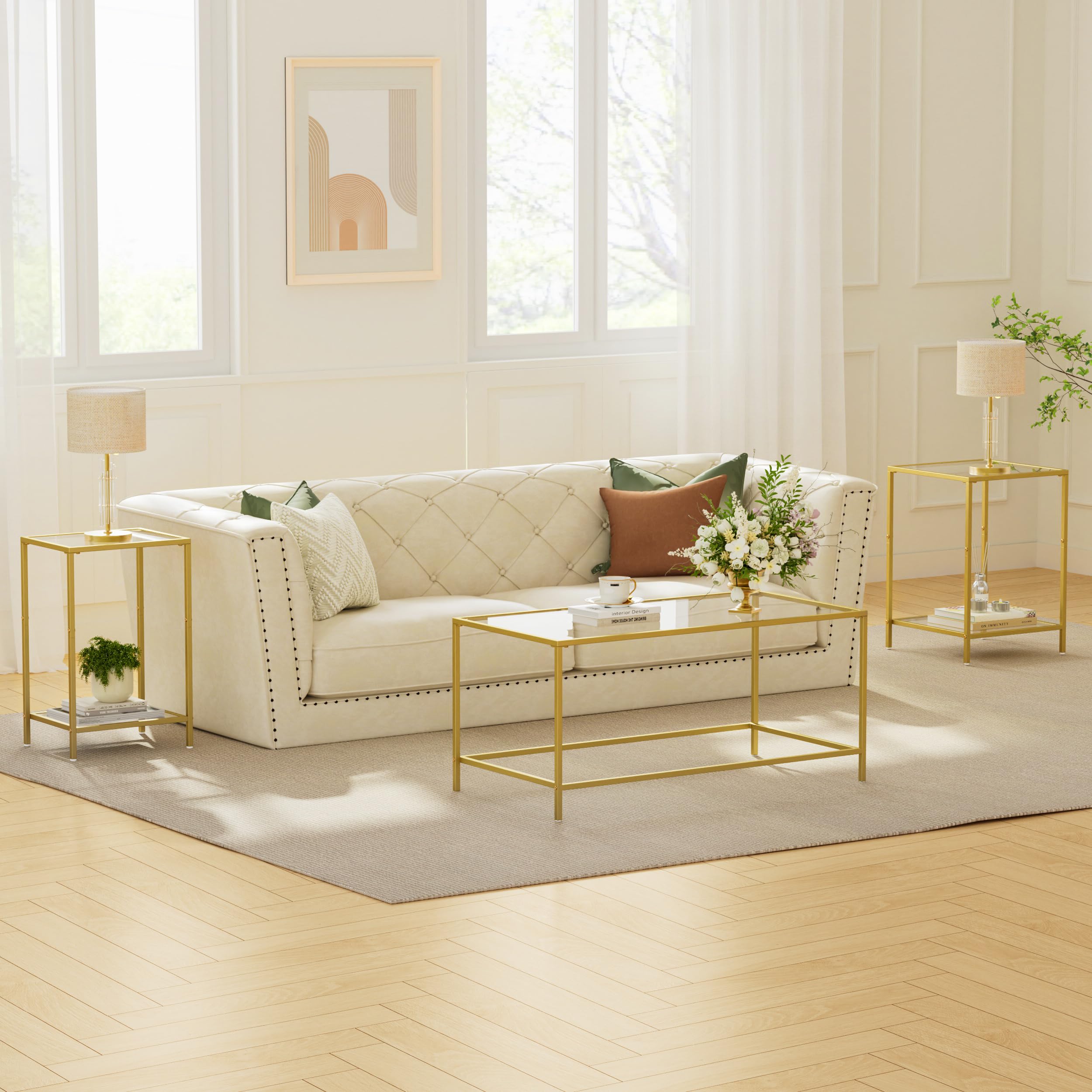 Homleke glass coffee table sits elegantly in a living room setup.