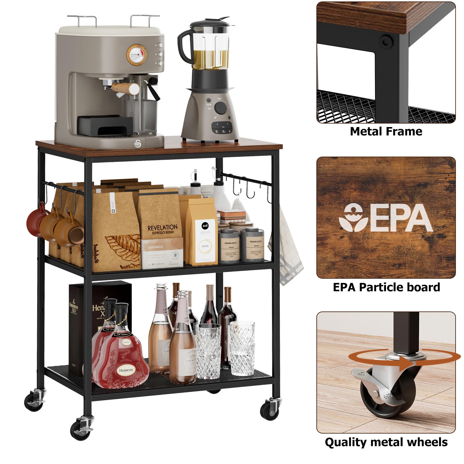 Homleke cart showing lockable wheels for stable placement during use.