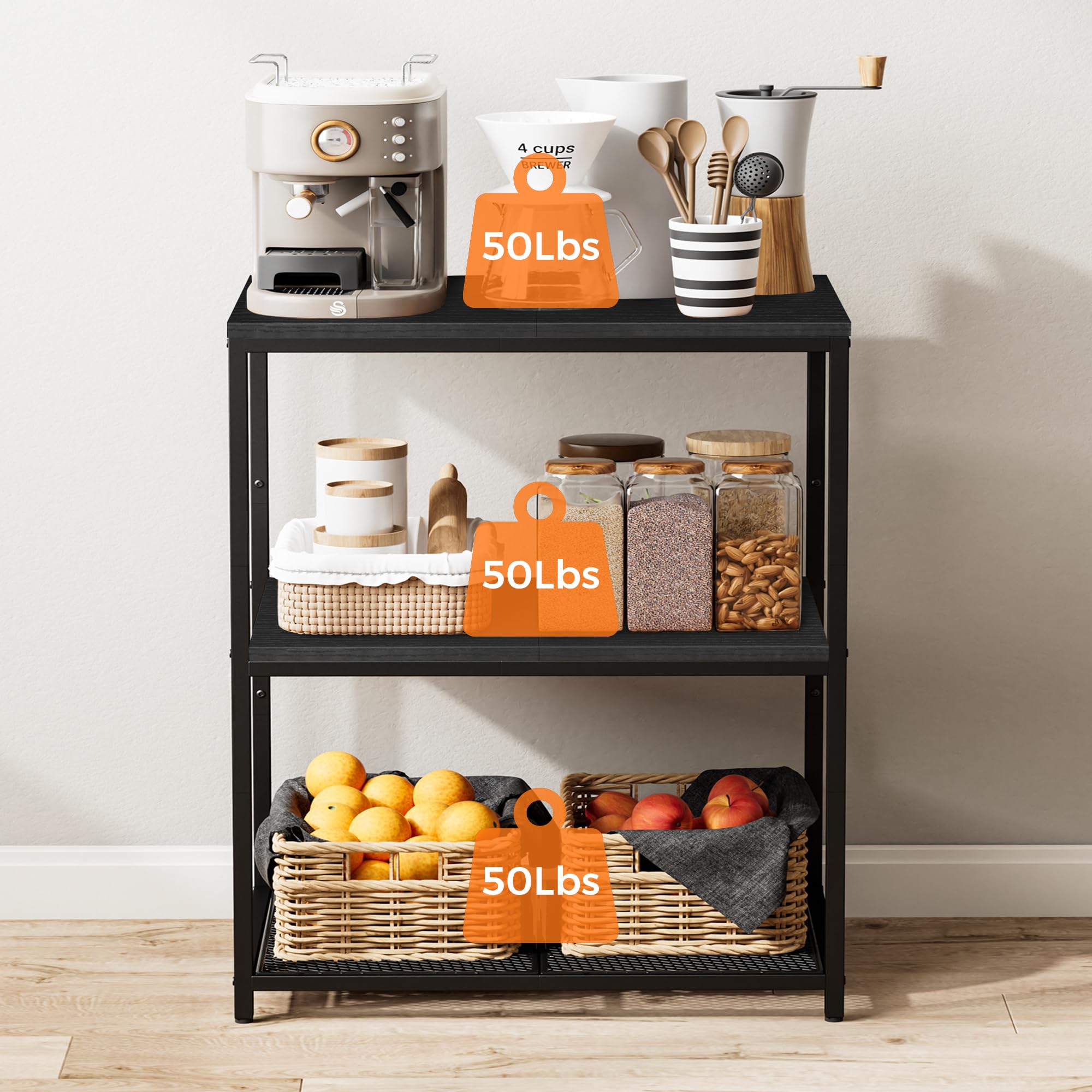 Homleke island featuring three shelves keeps cookware organized.