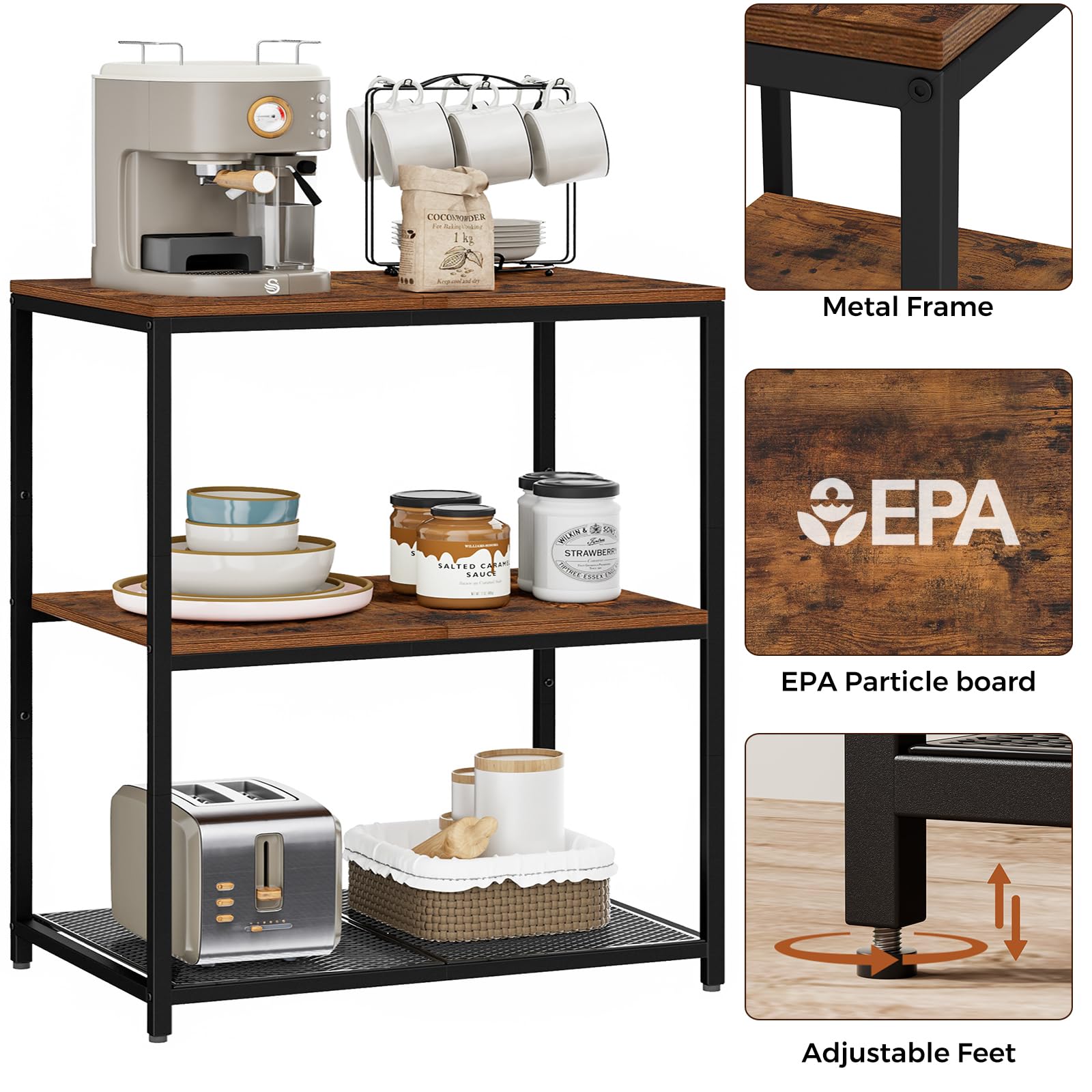 Homleke Kitchen Island showing three sturdy shelves for organized storage