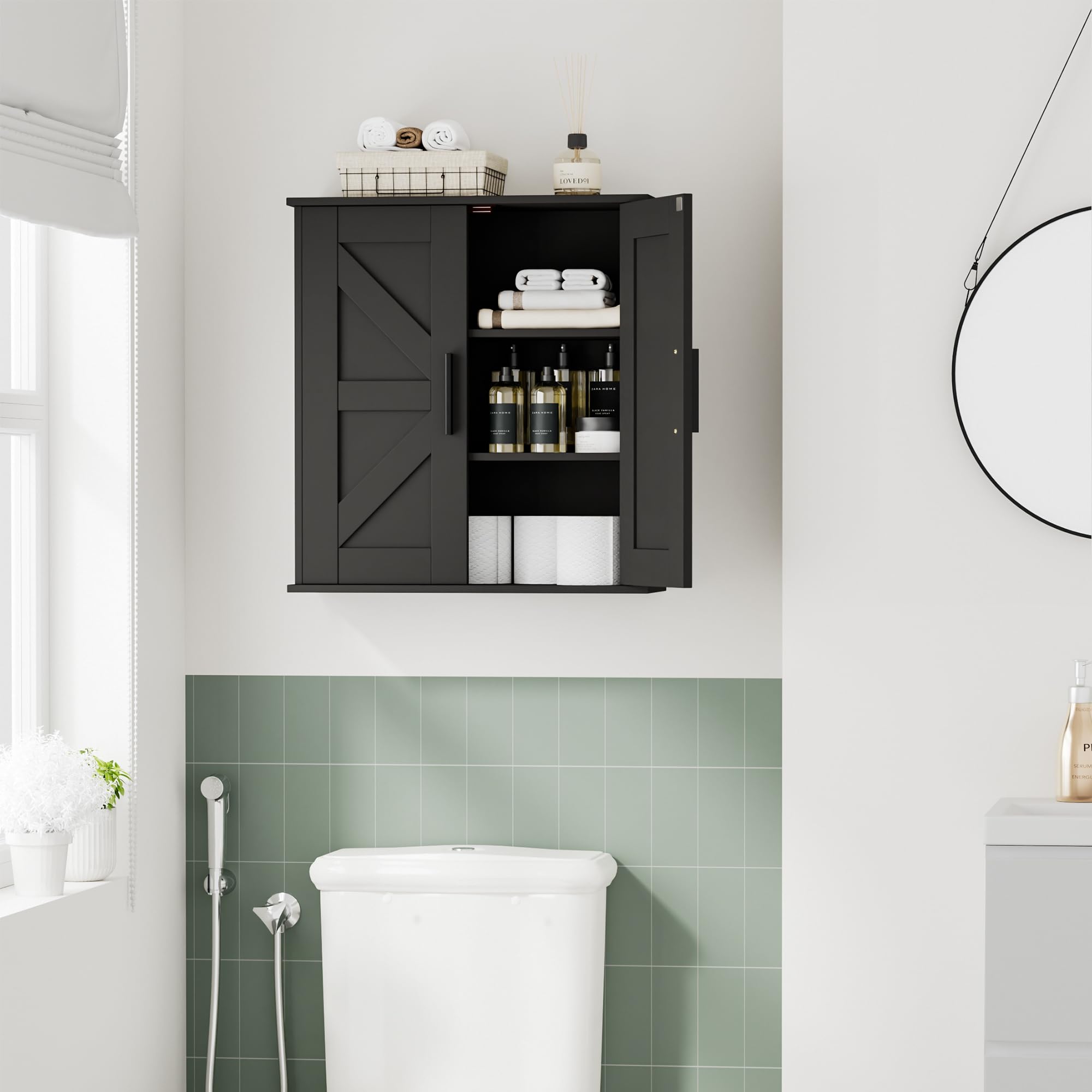 Homleke cabinet features metal handles for smooth operation and durability.