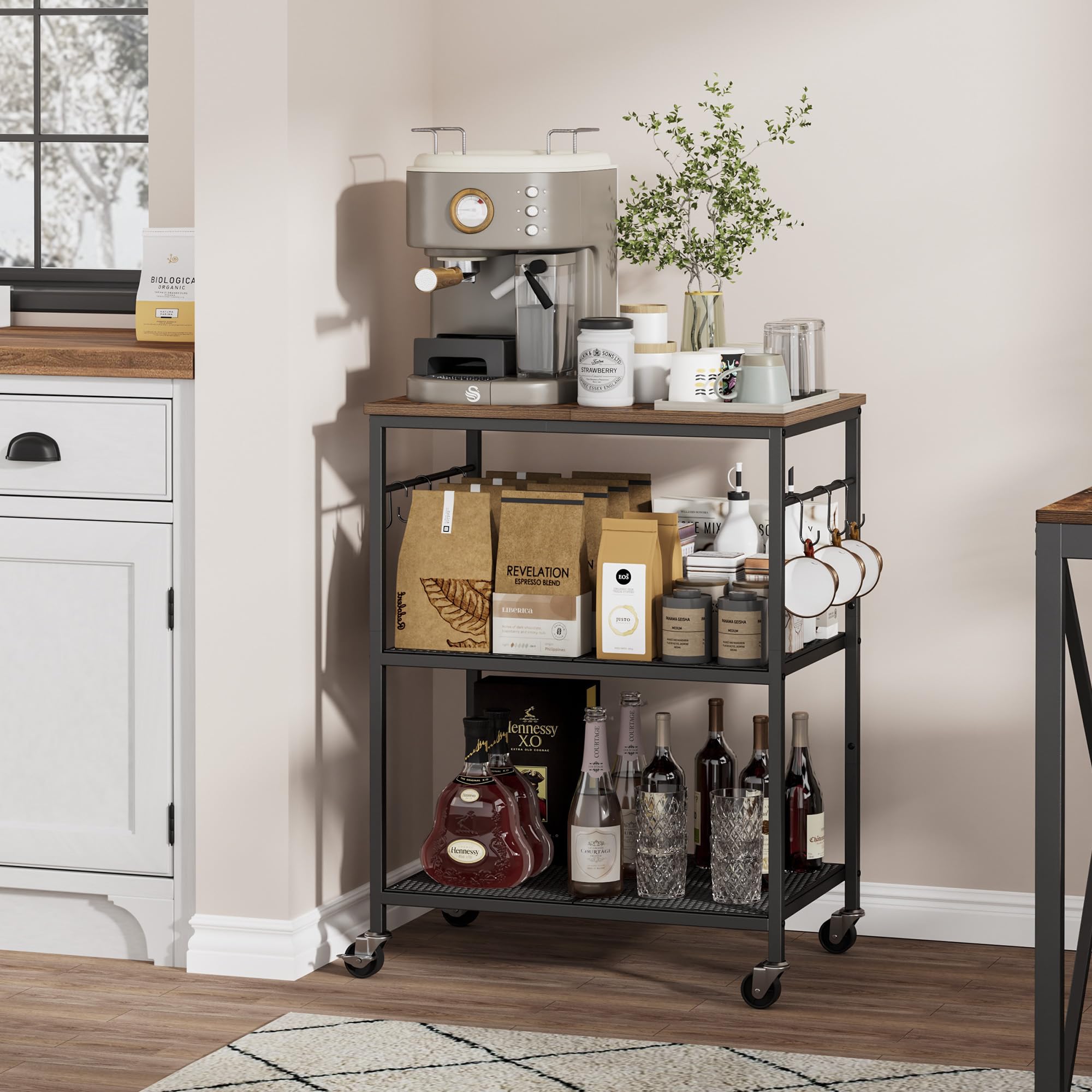 Homleke metal mesh shelves holding pots, pans, and pantry items.