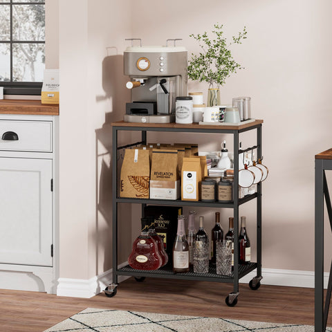 Homleke metal mesh shelves holding pots, pans, and pantry items.