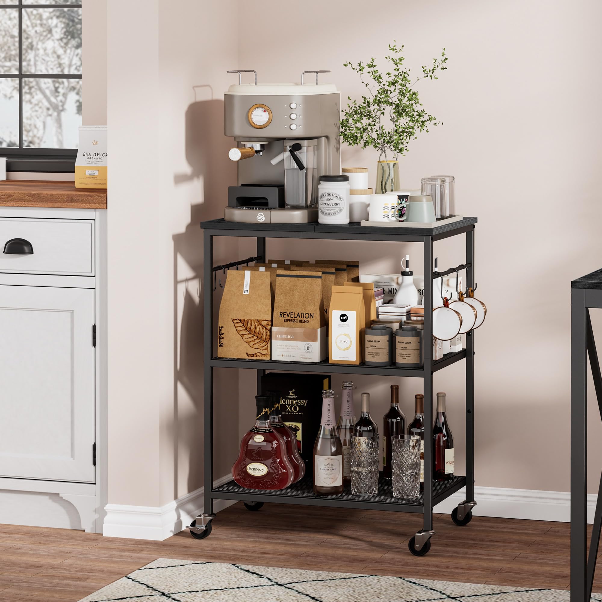 Homleke microwave-stand on wooden top, sturdy surface for small appliances.