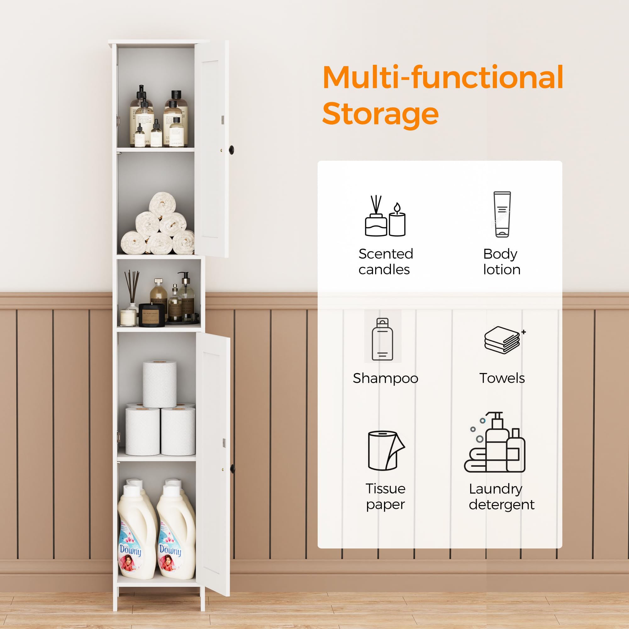 Homleke narrow cabinet fits beside a toilet in tight spaces.