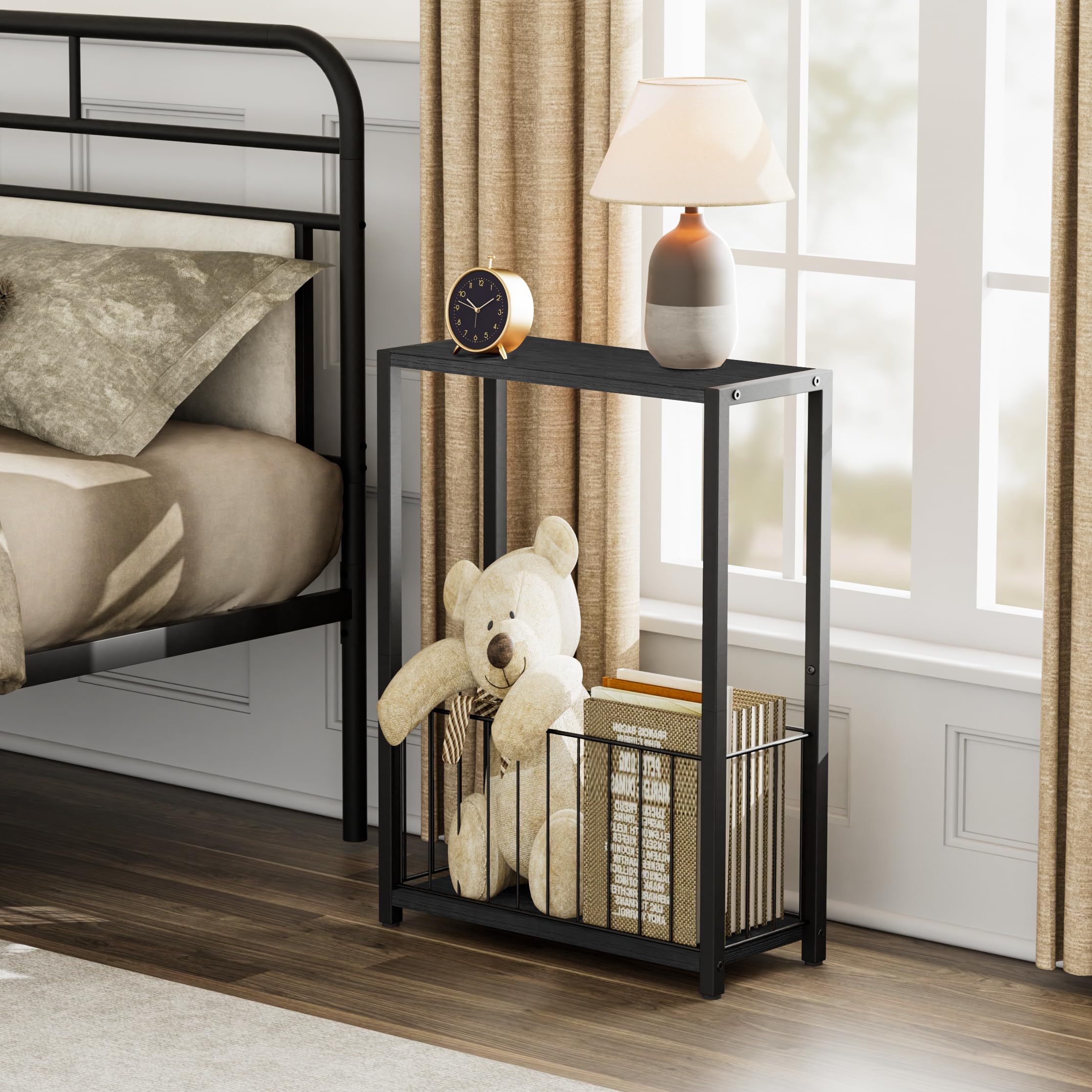Homleke narrow nightstand complements bedrooms with compact surface and convenient storage.