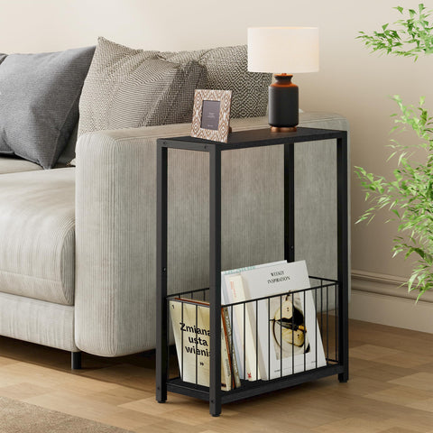 Homleke narrow side table with iron mesh basket storage for magazines and remotes.