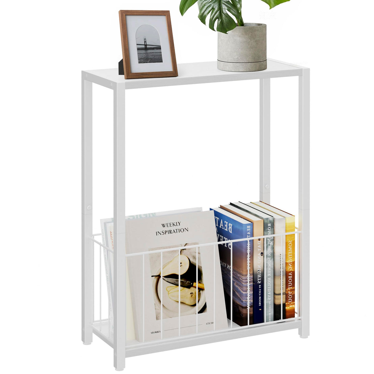 Homleke narrow side table with white storage basket beside a sofa for tidy living room organization