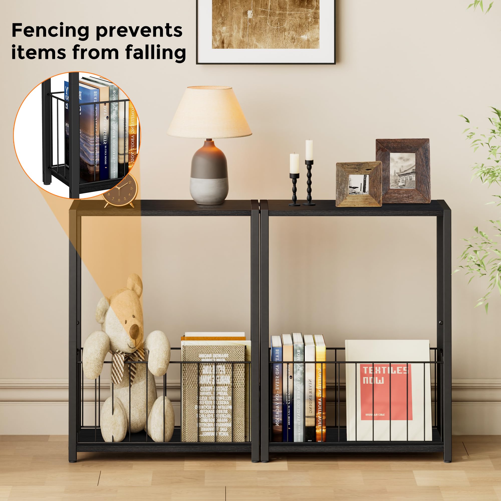 Homleke narrow side table in black finish detail matching rustic-modern decor.