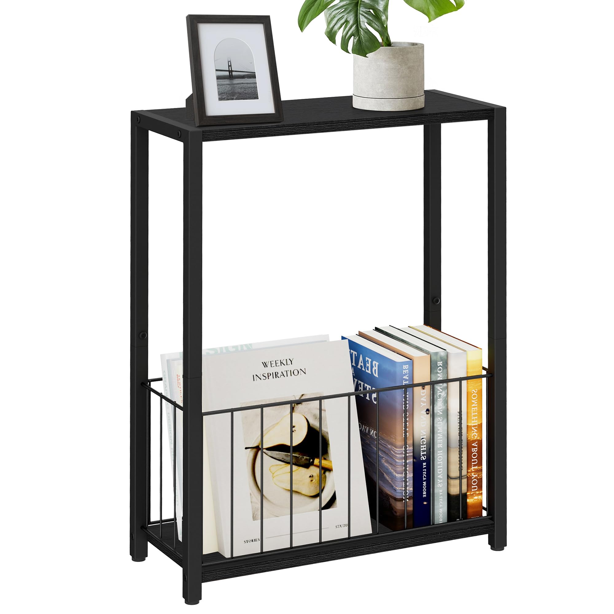 Homleke narrow side table front view showing slim, space-saving profile beside a sofa.