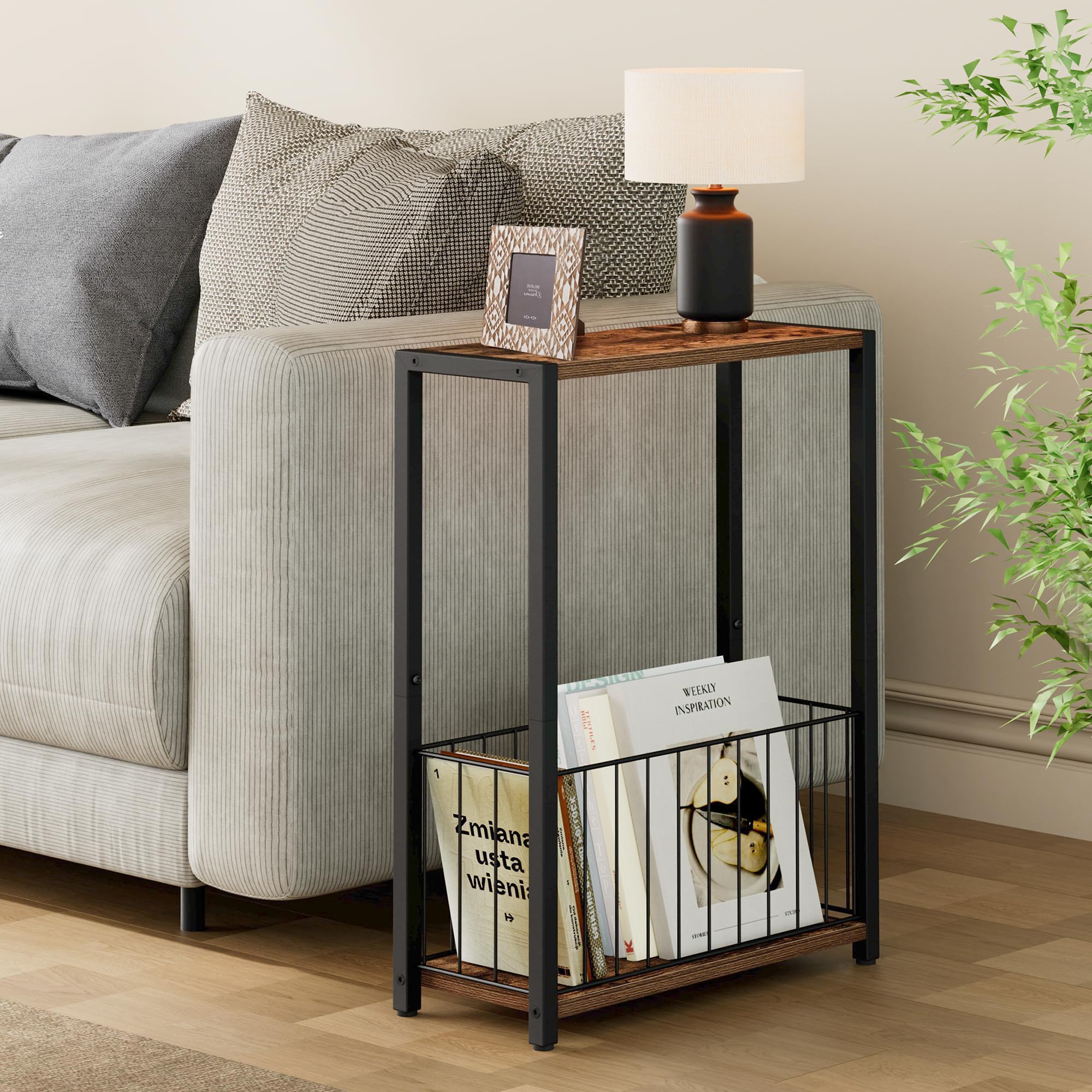 Homleke table featuring iron storage basket ideal for magazines and remotes.
