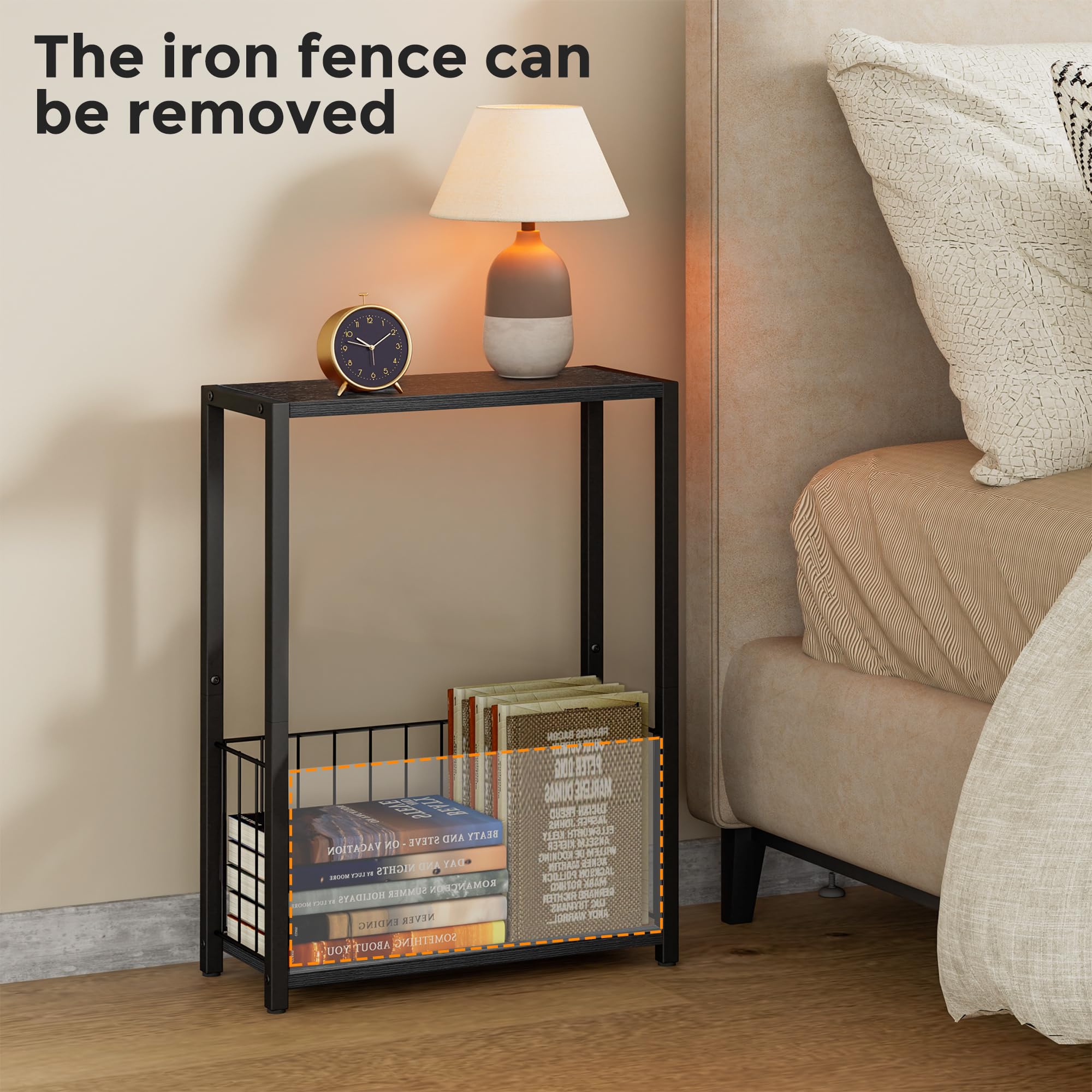 Homleke narrow side table used as nightstand beside bed for essentials.