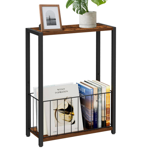 Homleke narrow side table with rustic brown finish beside a sofa for small spaces.