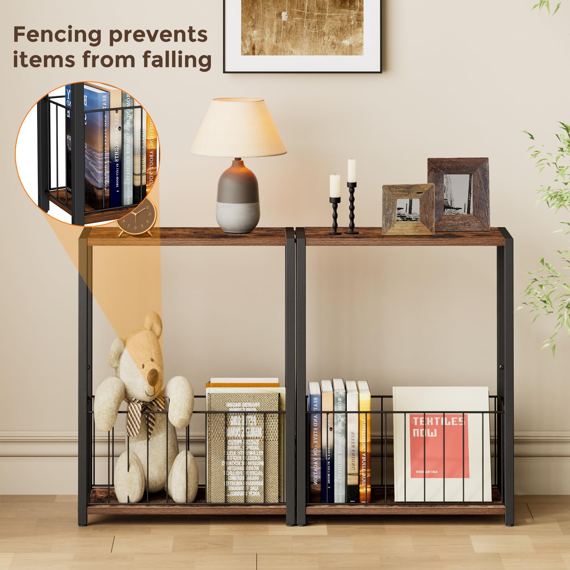 Homleke narrow side table top view shows compact, space saving surface.