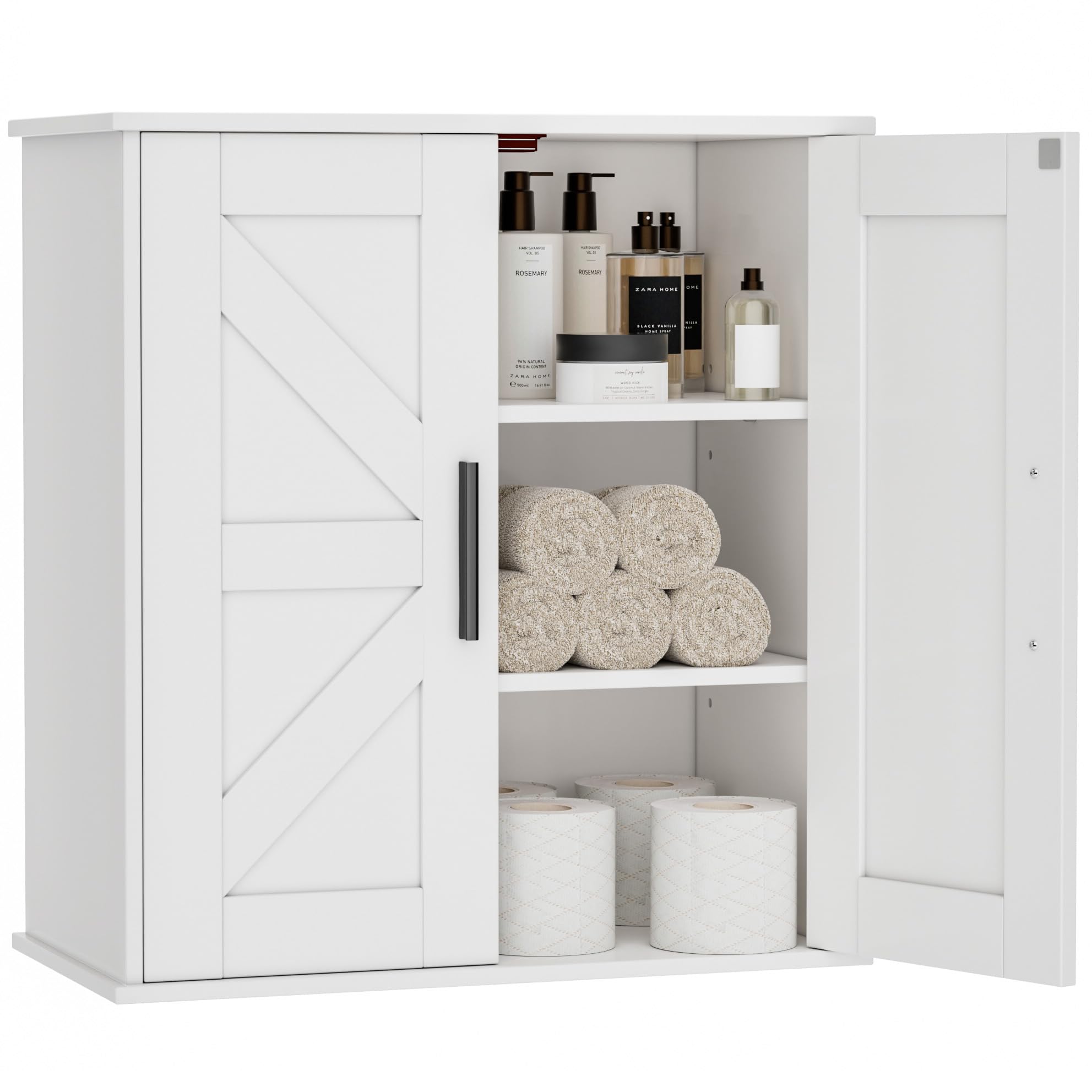 Homleke over-toilet cabinet with barn doors for organized toiletries.