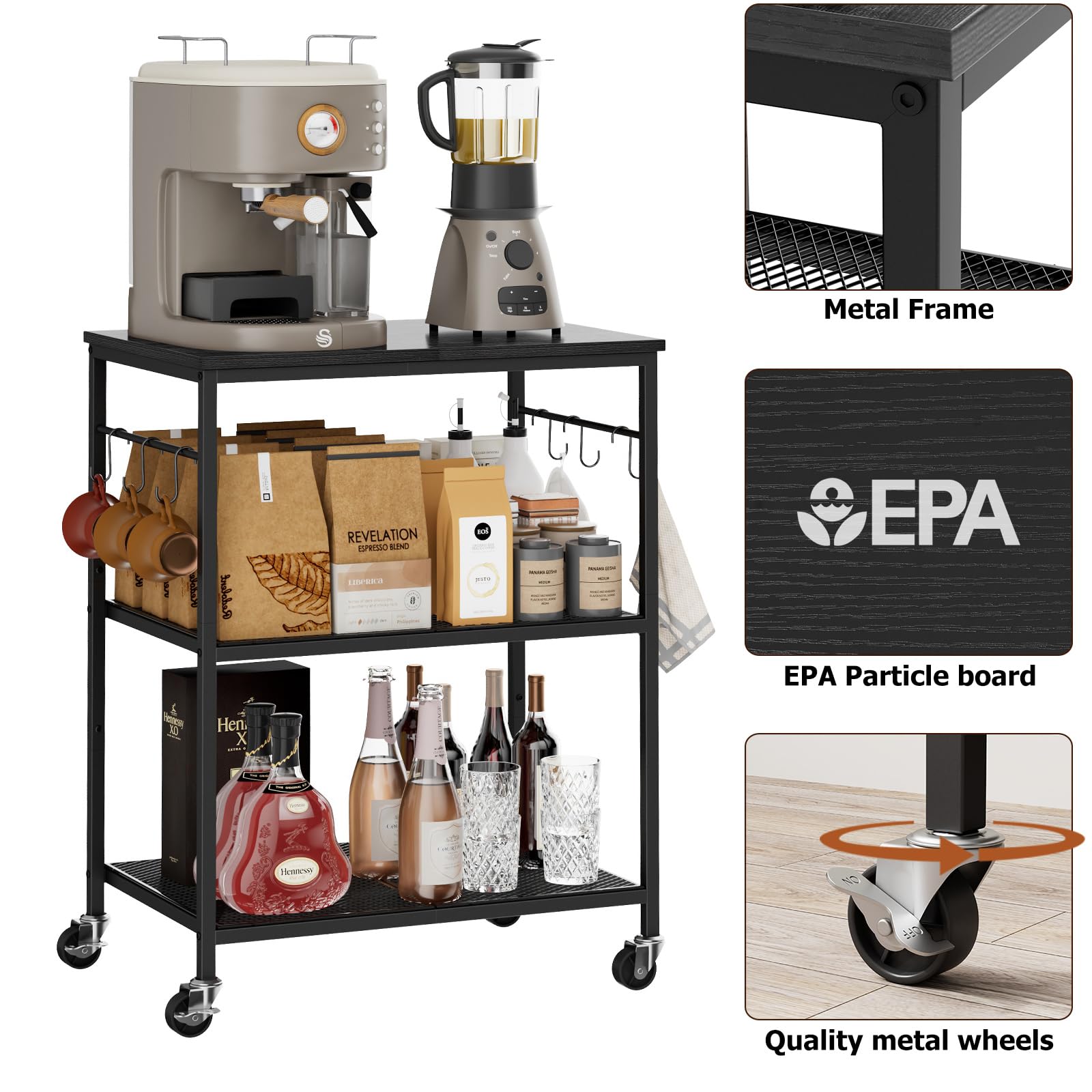 Homleke cart lockable wheels, safe mobility for cooking tasks and serving between rooms.
