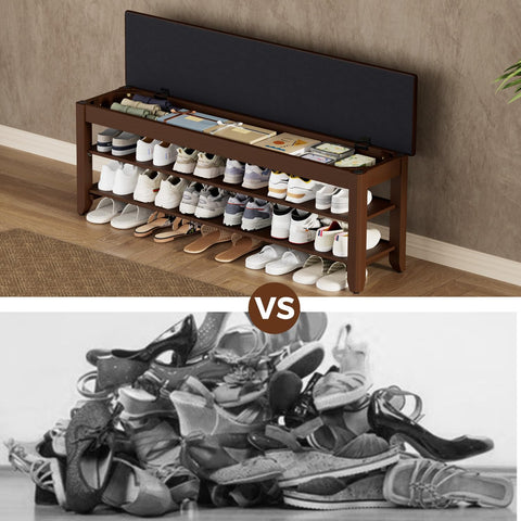 Homleke shoe rack bench placed in an entryway demonstrates practical space-saving design.