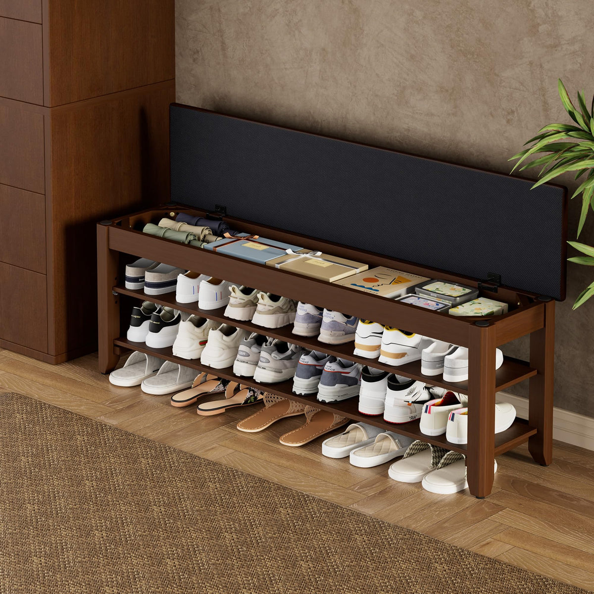 Homleke shoe rack bench front view with three-tier storage for organized footwear.