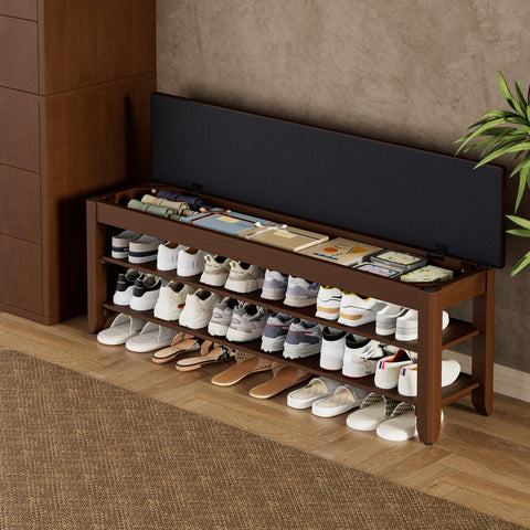 Homleke shoe rack bench front view with three-tier storage for organized footwear.