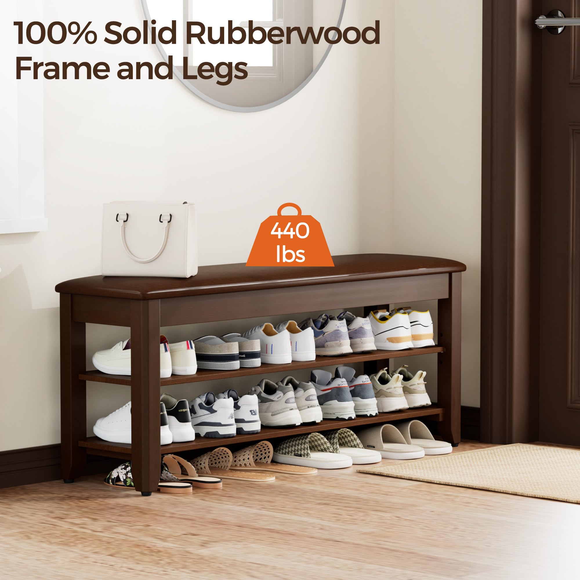 Homleke seated bench with cushion for easy shoe use.