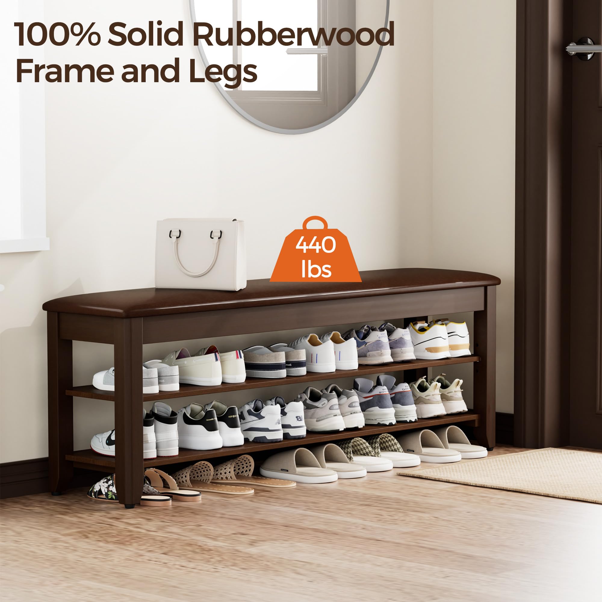 Homleke shoe rack bench side view highlights sturdy solid wood construction for daily use.
