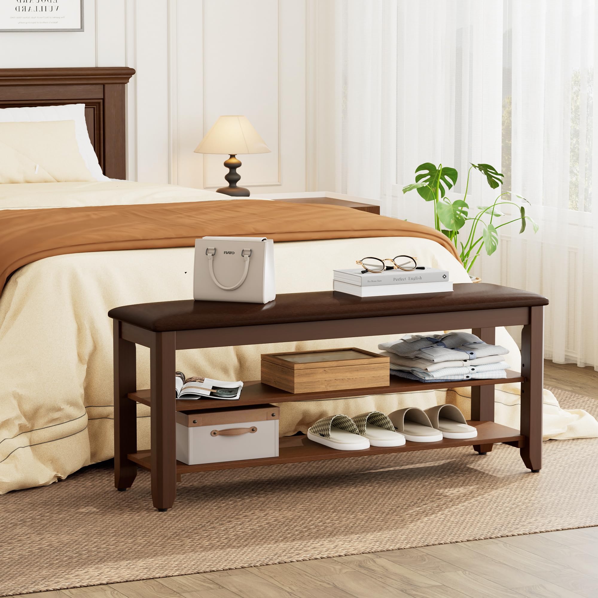Homleke walnut finish shoe bench complements modern decor.