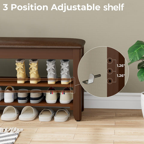 Homleke shoe rack bench in walnut finish adds warm, sophisticated style to entryways.