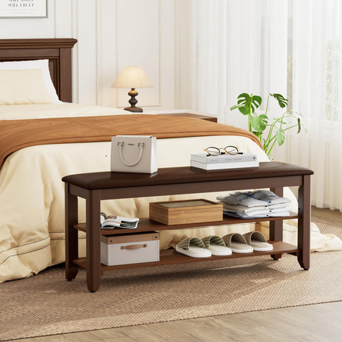 Homleke walnut finish shoe bench complements modern decor.