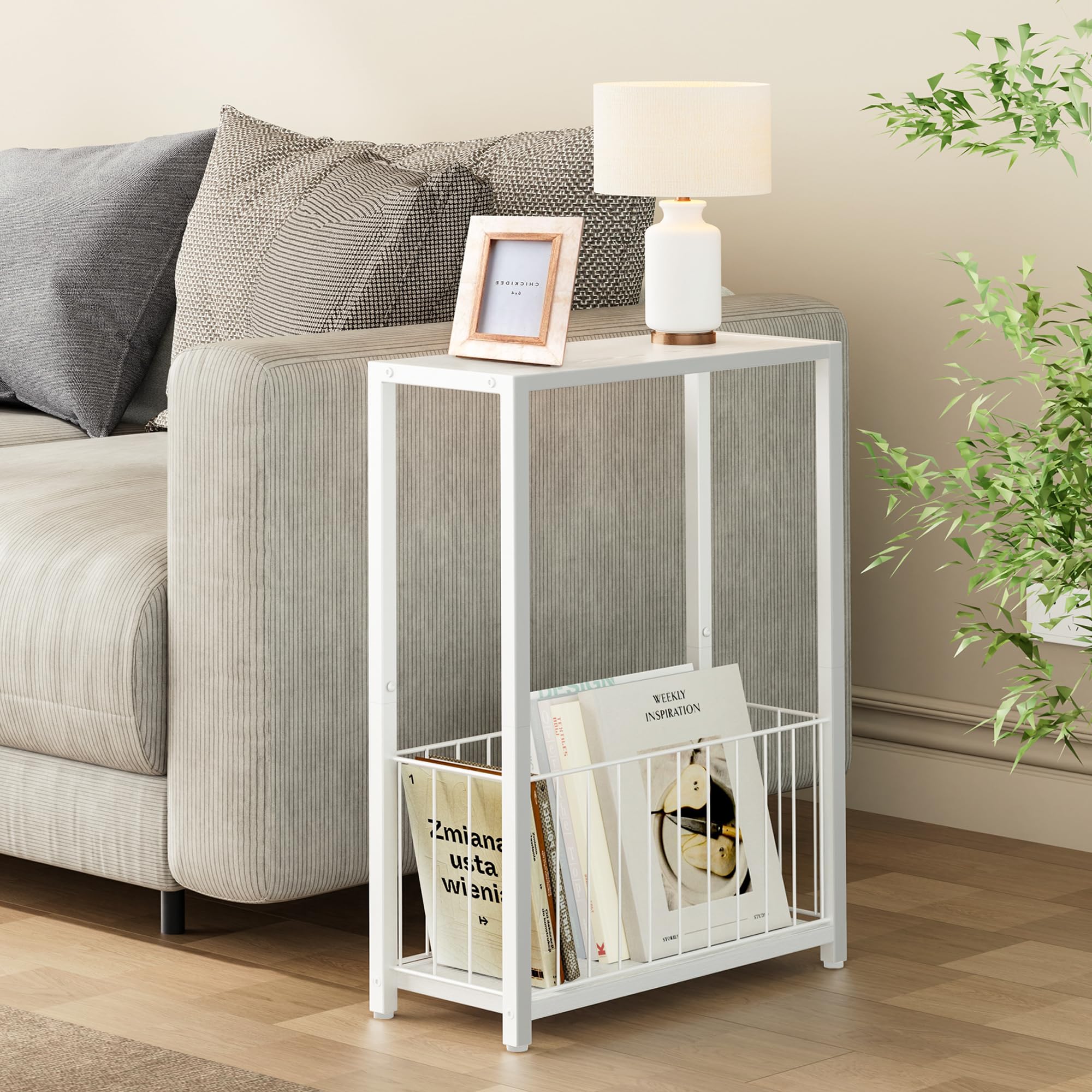 Homleke skinny end table showing removable iron basket for magazines and decor