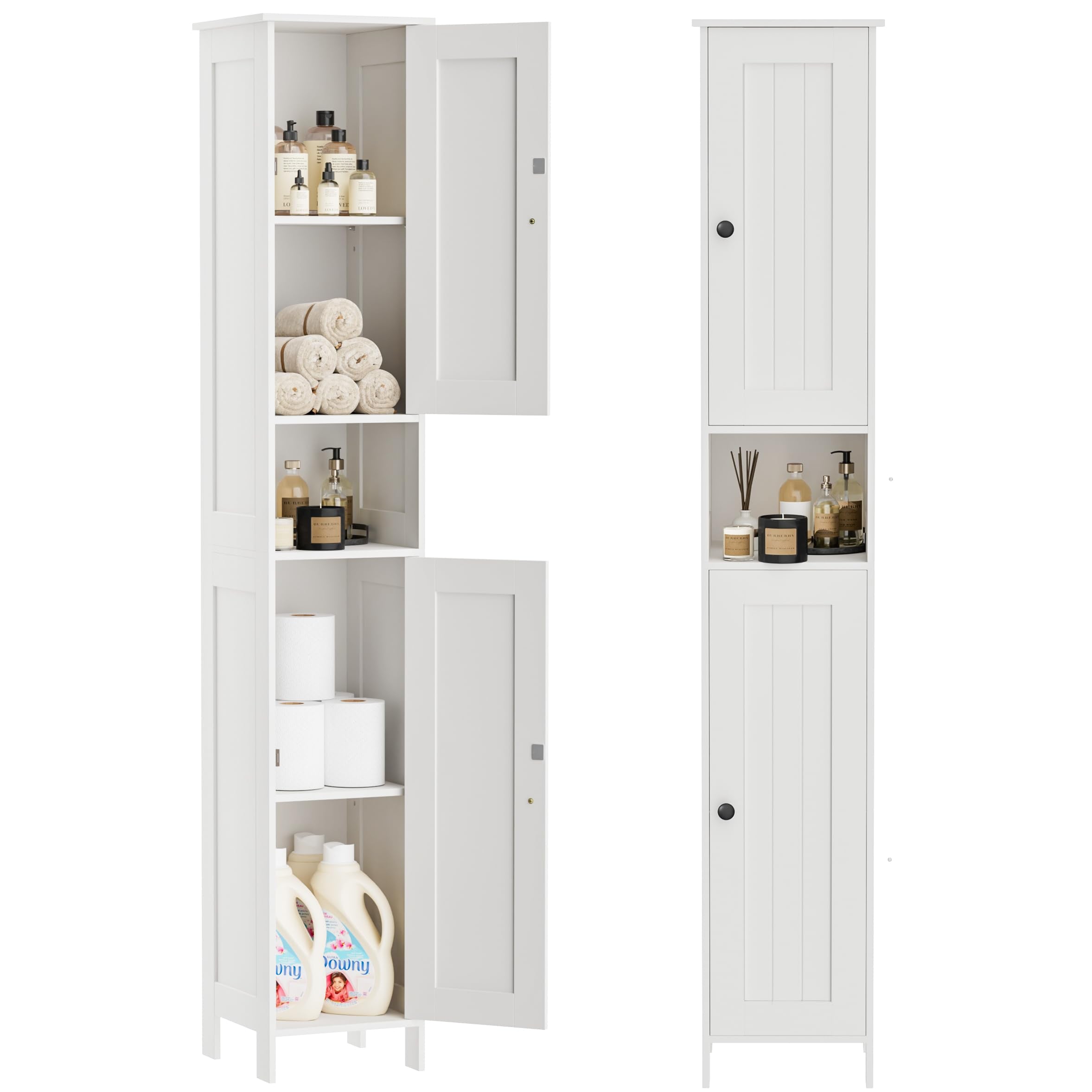 Homleke tall bathroom cabinet with doors for organized toiletries.