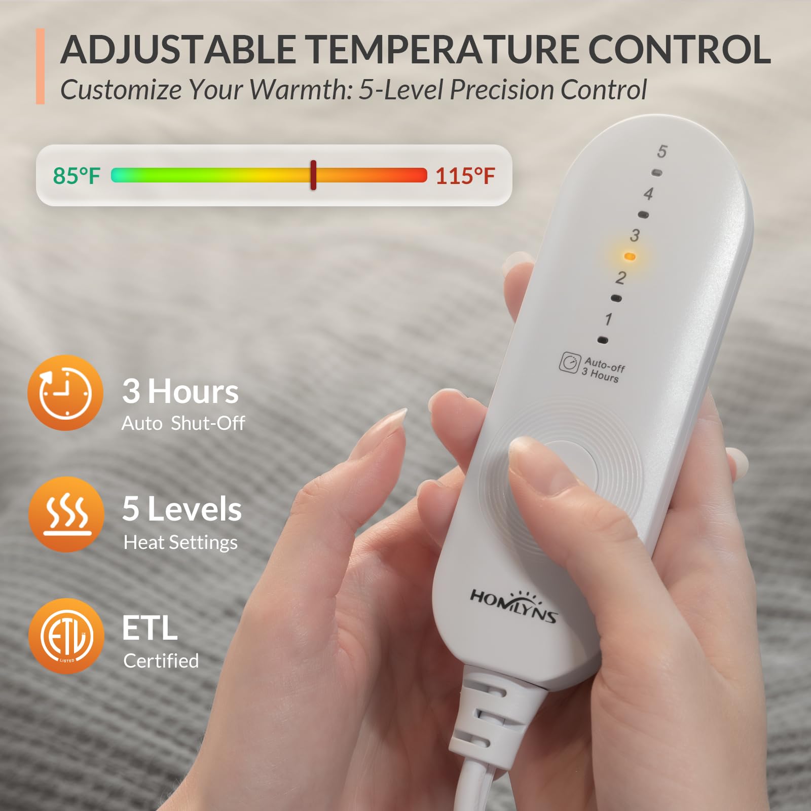 HOMLYNS LuxeHeat blanket provides rapid heating to warm you quickly.