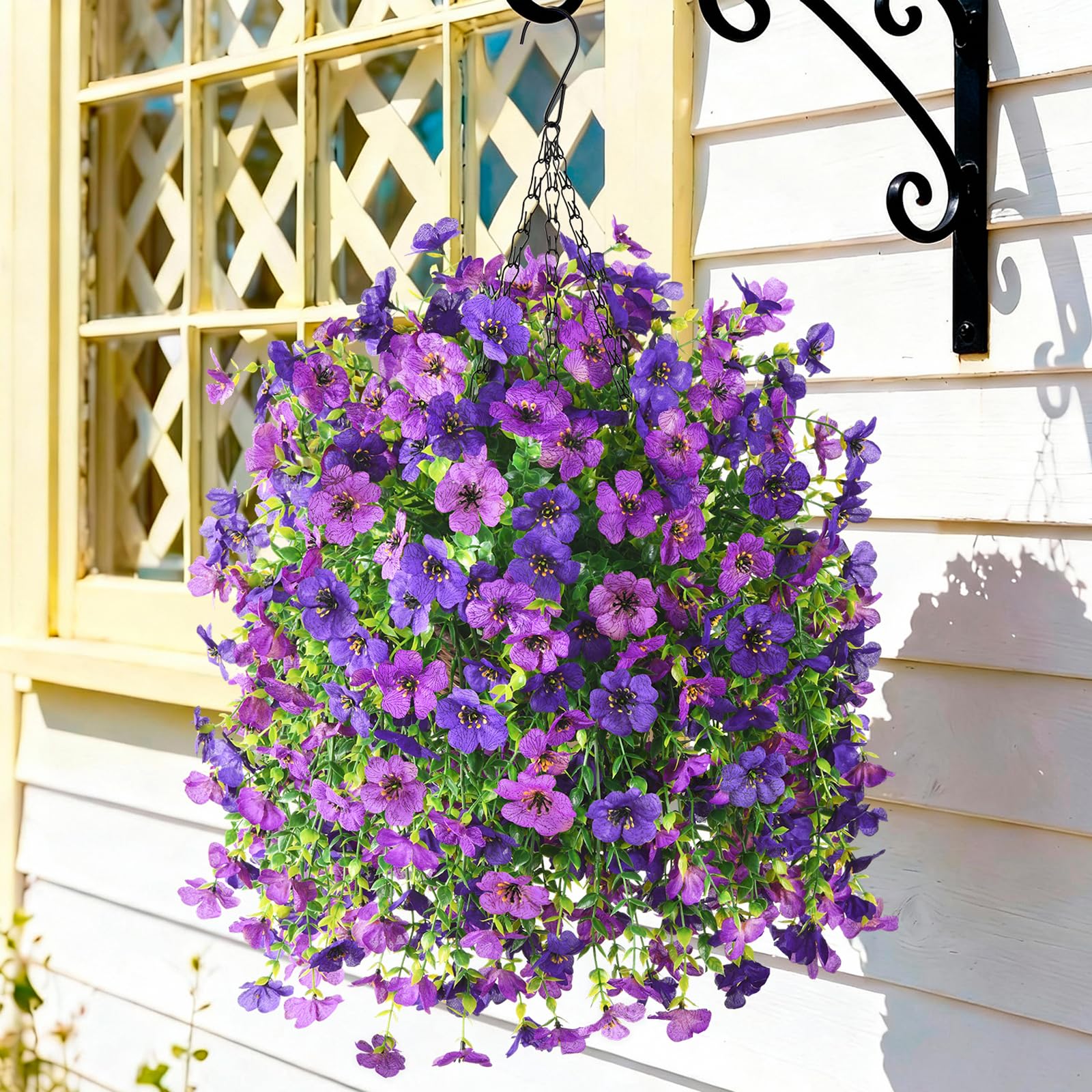 Hommyea Double Purple hanging basket front view with vibrant outdoor porch flowers